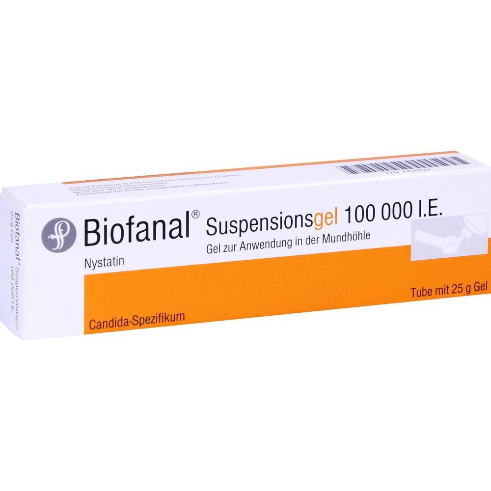 Wei&szlig;e und orange Verpackung von Biofanal Suspensiongel f&uuml;r den Mund.