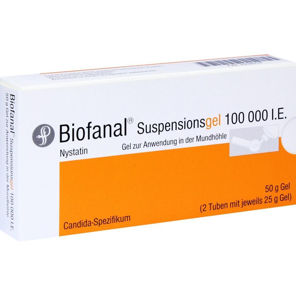 Wei&szlig;e Packung mit orangefarbenem Streifen von Biofanal-Suspensionsgel.
