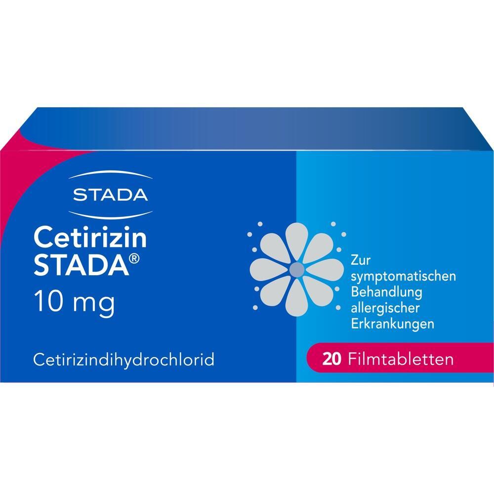 Blaue Medikamentenverpackung mit der Aufschrift "Cetirizin STADA, 10 mg, 20 Filmtabletten".