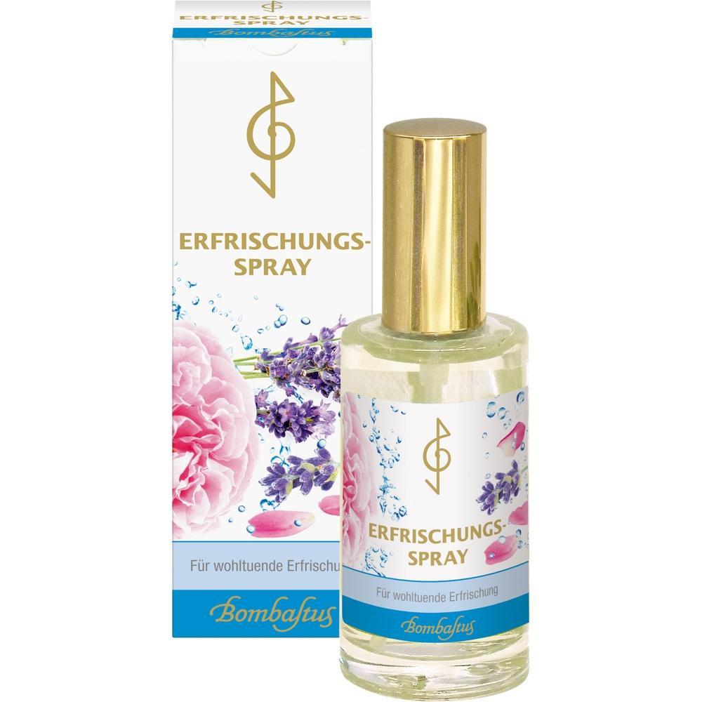 Flasche Erfrischungsspray mit Blumenmotiv und goldener Kappe.