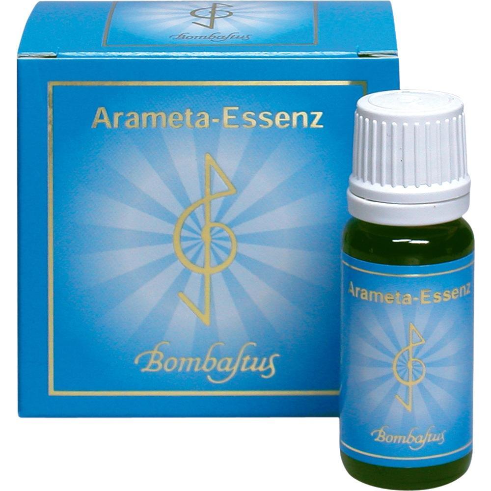 Eine blaue Schachtel und ein Fl&auml;schchen mit der Aufschrift "Arameta-Essenz Bombastus".