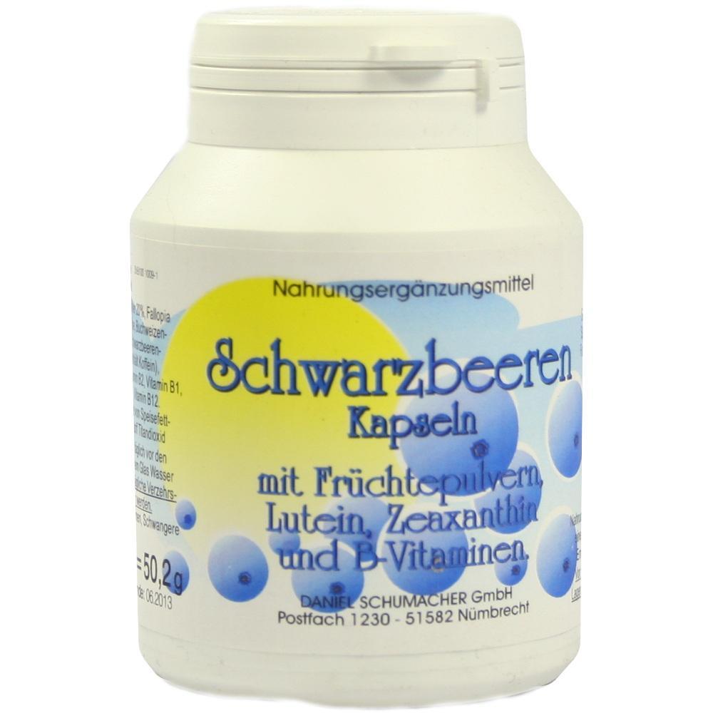 Wei&szlig;e Flasche mit schwarzer Aufschrift "Schwarzbeeren Kapseln" und blauen Beeren.