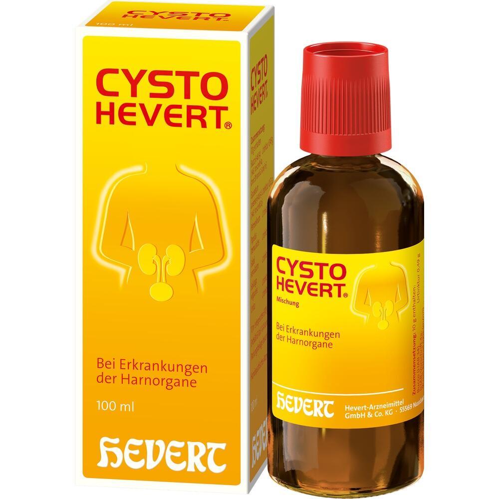 Gelbes Cysto Hevert Medikament f&uuml;r Harnorgane mit Flasche und Schachtel.