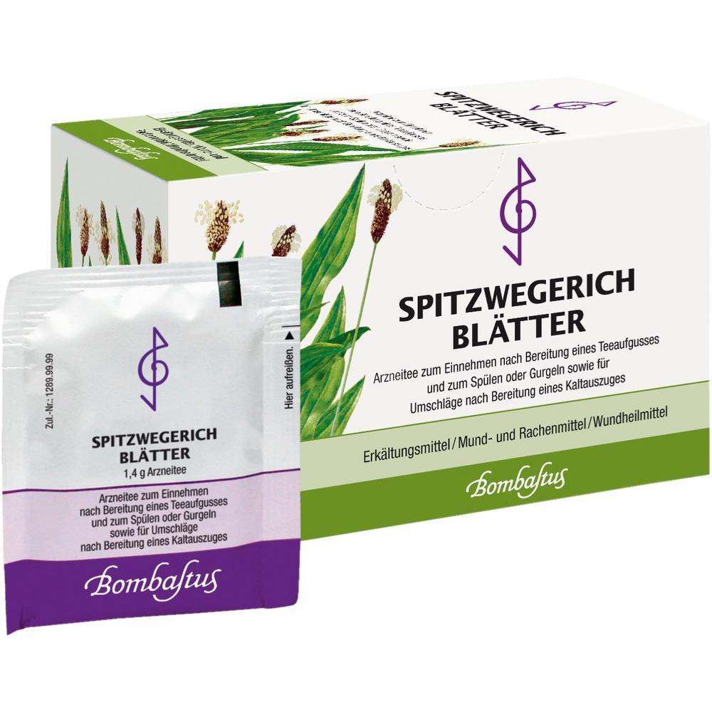Verpackung von Spitzwegerich-Bl&auml;ttern als Arzneitee bei Erk&auml;ltung und Halsbeschwerden.