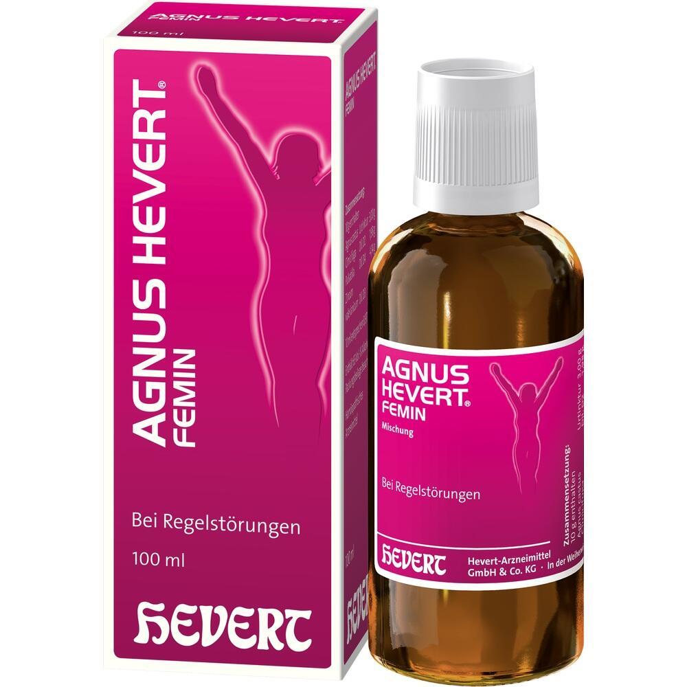 Flasche und Verpackung eines Medikaments gegen Regelst&ouml;rungen, auf pinkem Hintergrund.