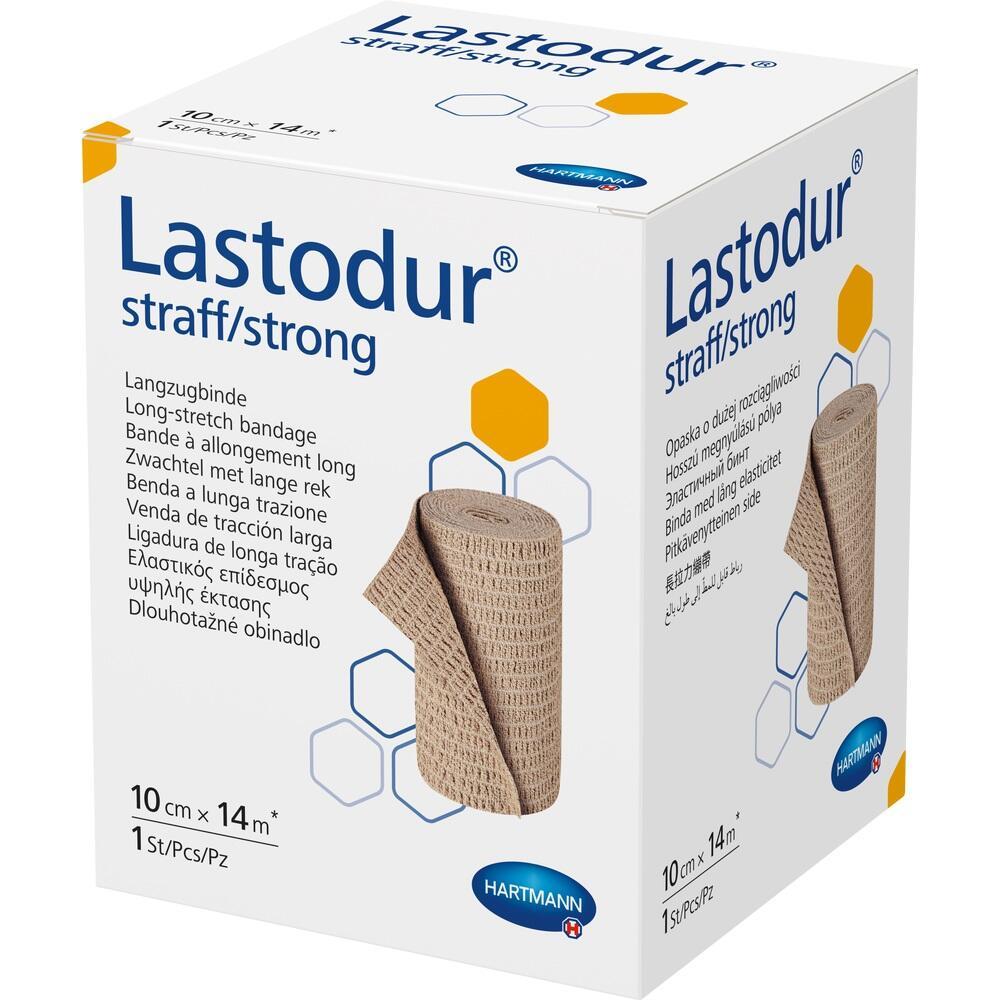 Eine wei&szlig;e Verpackung einer elastischen Bandage mit der Aufschrift "Lastodur straff/strong".