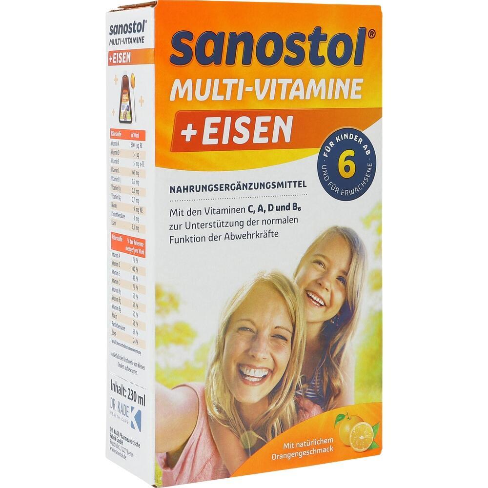 Vitamin-Sirup-Verpackung mit lachenden Personen und Orangenmotiv.