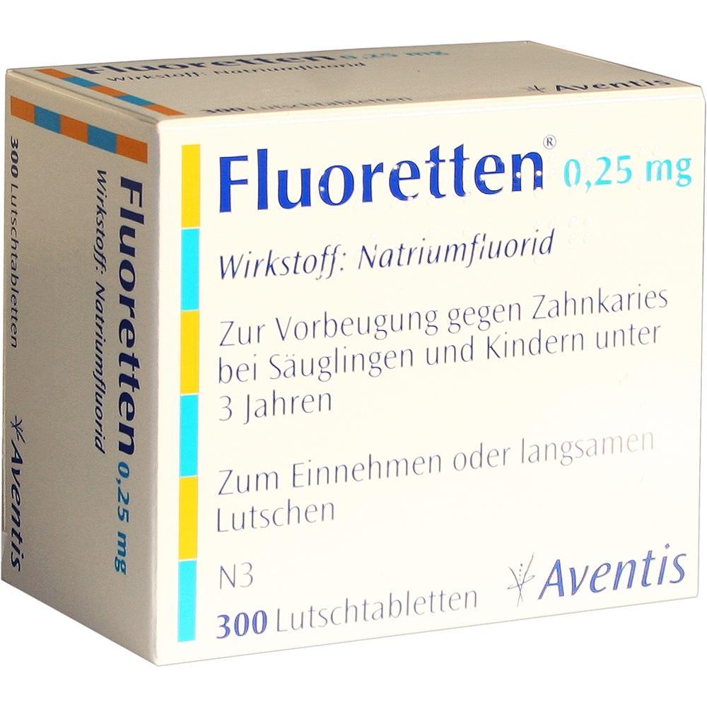 Eine Packung Fluoretten-Lutschtabletten zur Kariesvorbeugung bei Kleinkindern.
