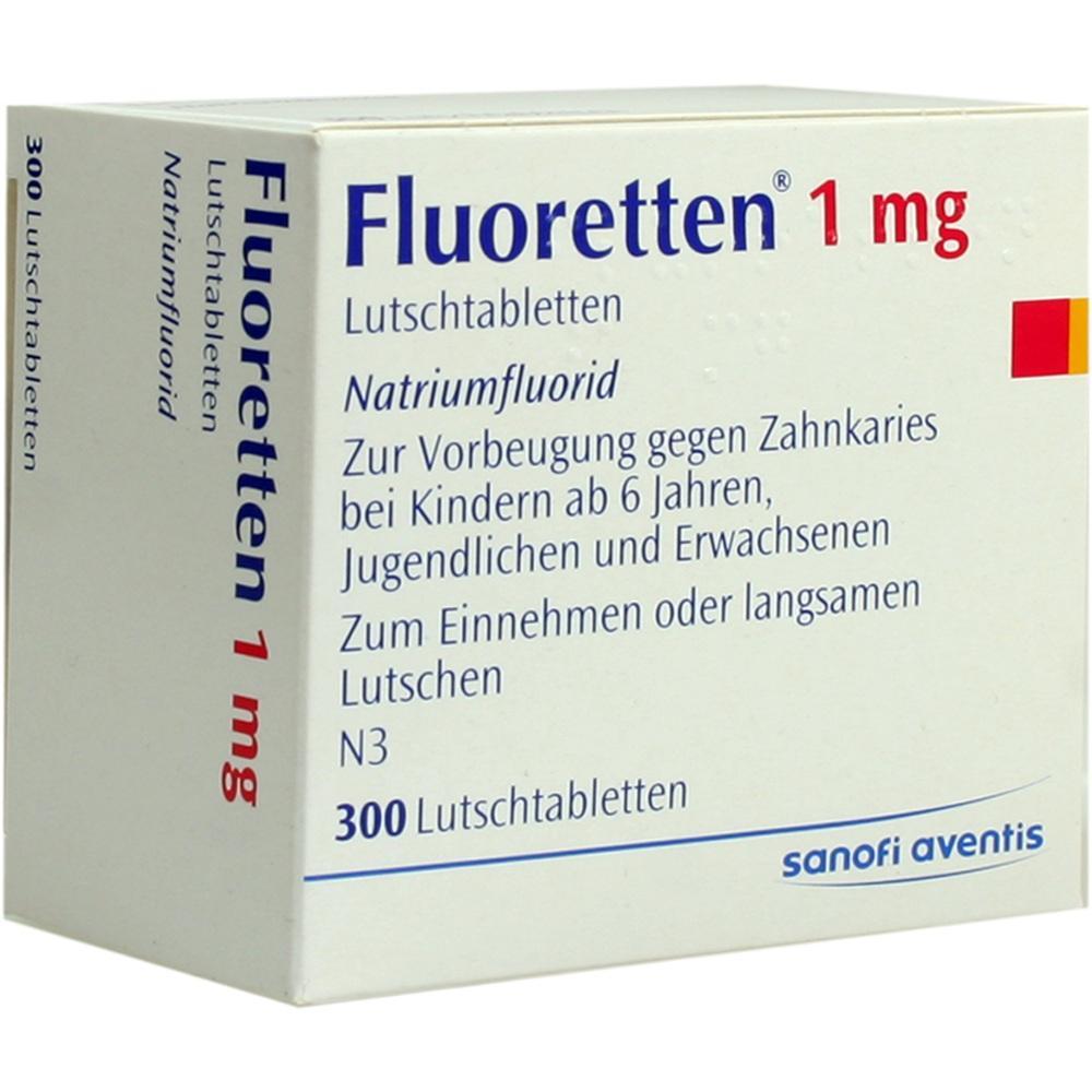 Wei&szlig;e Schachtel mit 300 Fluoretten Lutschtabletten zur Kariesvorbeugung.