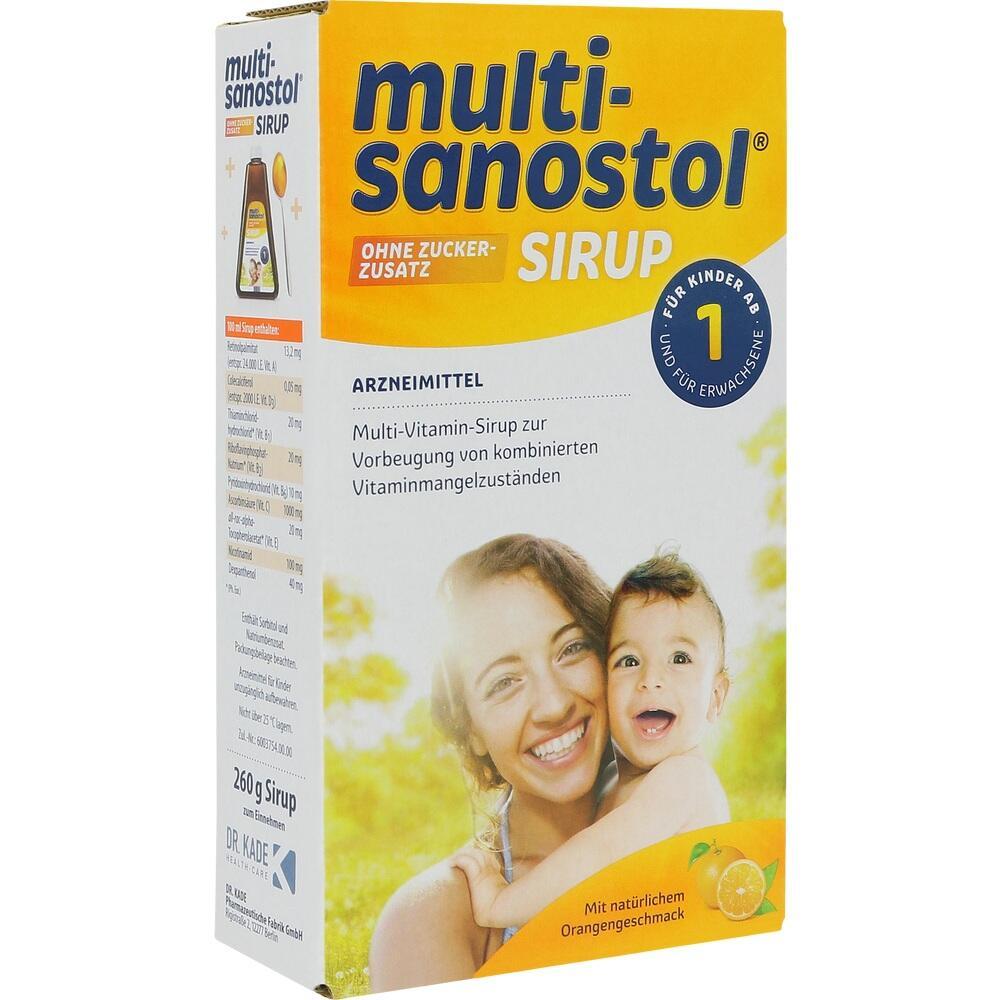 Eine Packung Multivitamin-Sirup mit l&auml;chelnder Frau und Kind auf der Vorderseite.