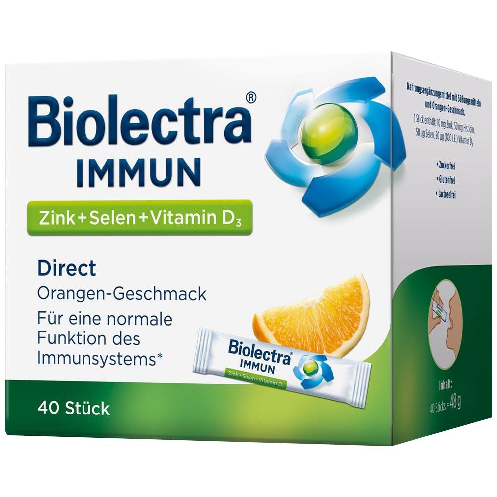 Verpackung von Biolectra Immun mit Orange, enth&auml;lt 40 Beutel f&uuml;r Immunsystem-Unterst&uuml;tzung.