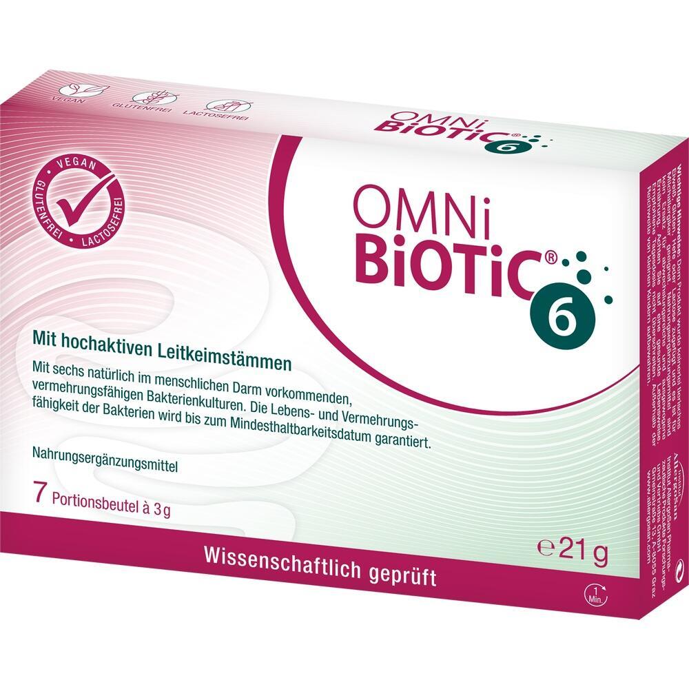 Wei&szlig;e Verpackung von Omni-Biotic 6, einem veganen Nahrungserg&auml;nzungsmittel, 21 Gramm.