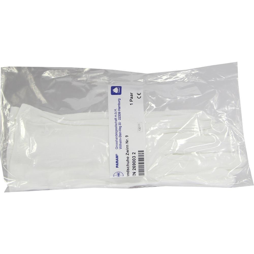 Ein Paar wei&szlig;e Handschuhe in einer transparenten Plastikverpackung.