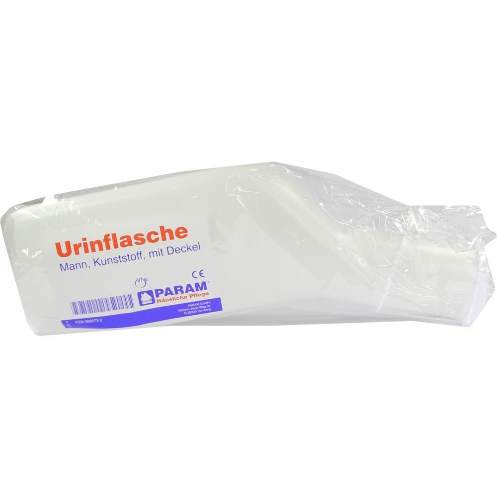 Plastik-Urinflasche f&uuml;r M&auml;nner in einer durchsichtigen Verpackung.