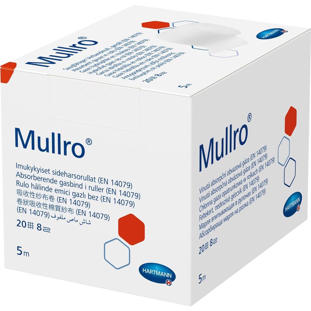 Wei&szlig;e Verpackung mit der Aufschrift "Mullro" und medizinischem Text in mehreren Sprachen.