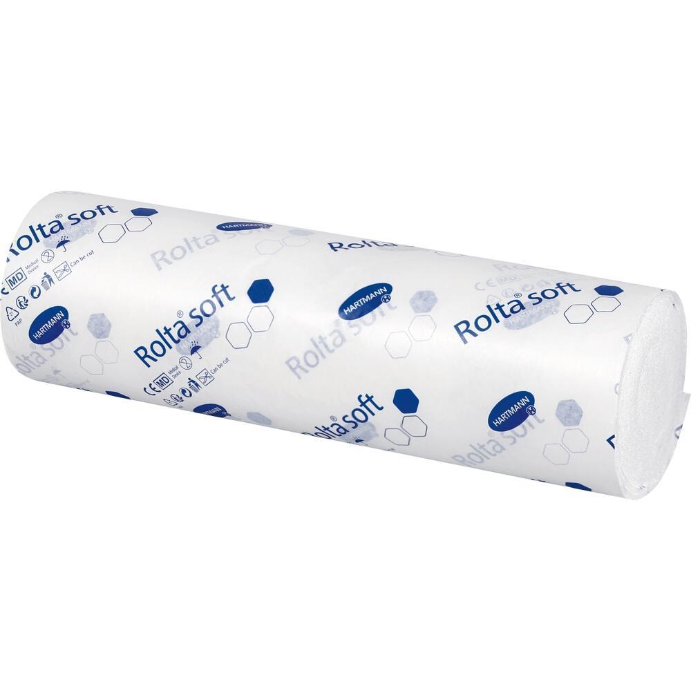 Eine wei&szlig;e Bandage mit blauer Aufschrift liegt aufgerollt da.