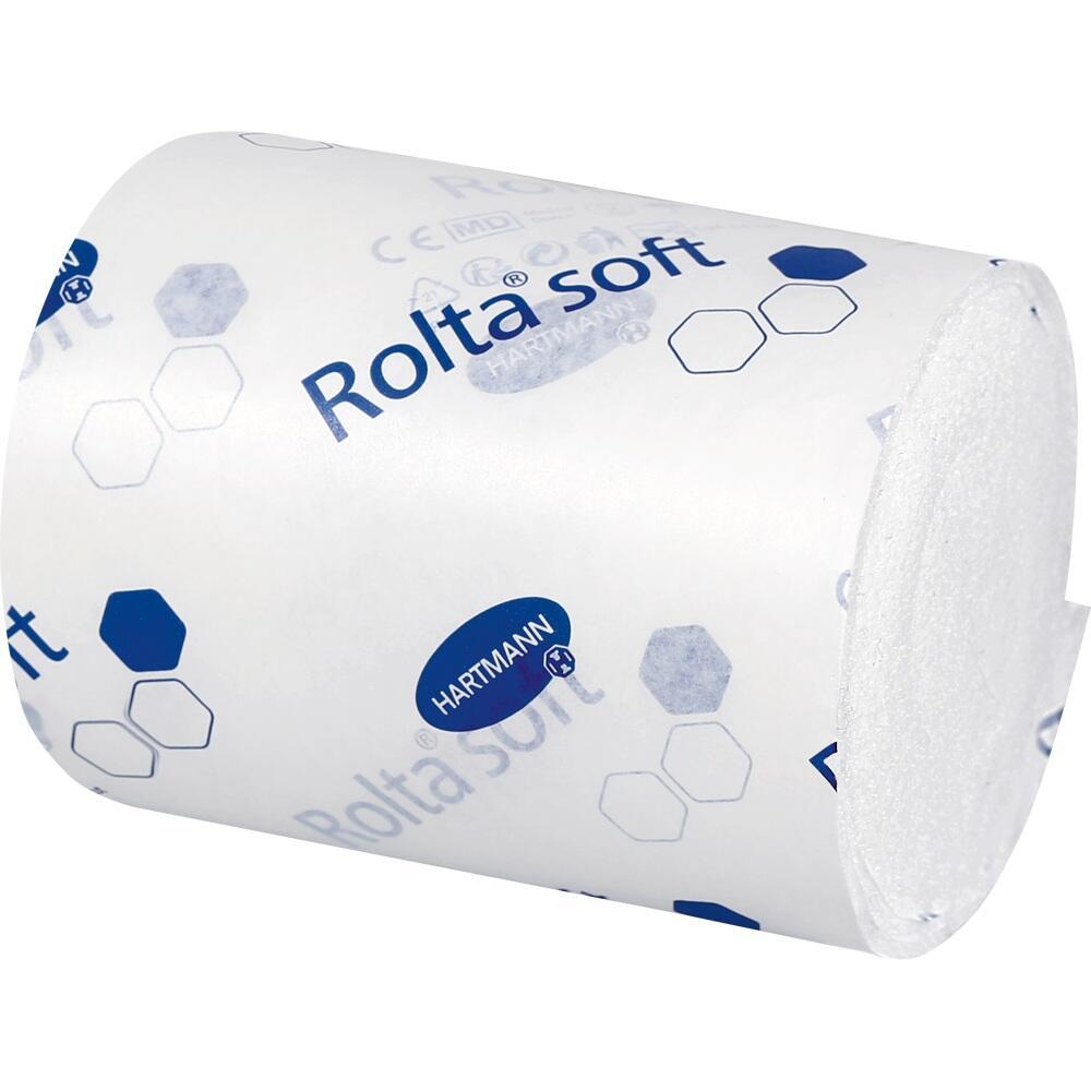 Eine Rolle weiches, wei&szlig;es Verbandmaterial mit blauer Aufschrift und blauen Sechsecken.