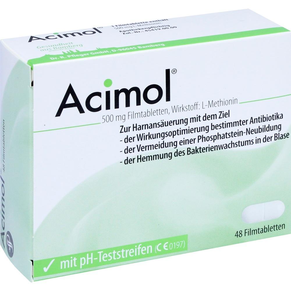Packung von Acimol, einem Medikament zur Harnans&auml;uerung mit Teststreifen.