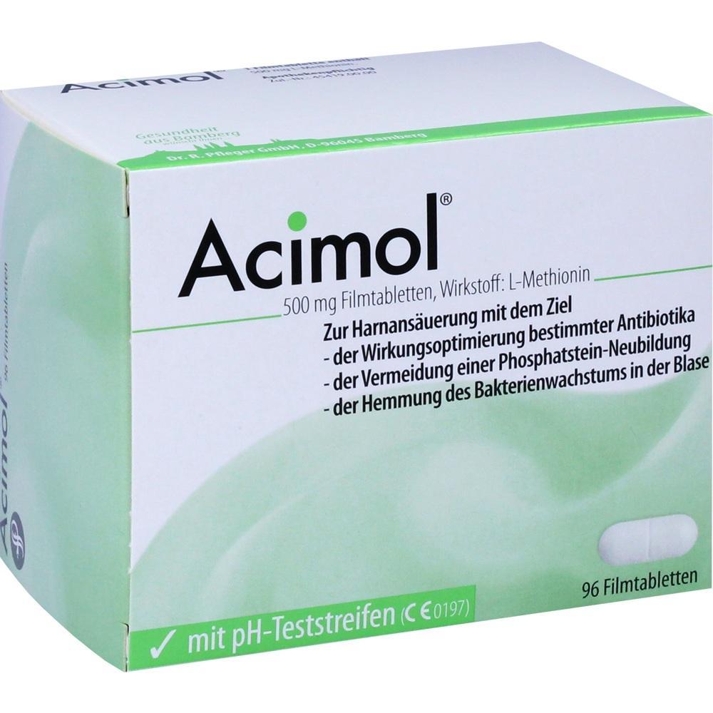 Packung einer Tablette namens Acimol zur Unterst&uuml;tzung der Harns&auml;uerung und Antibiotikawirkung.