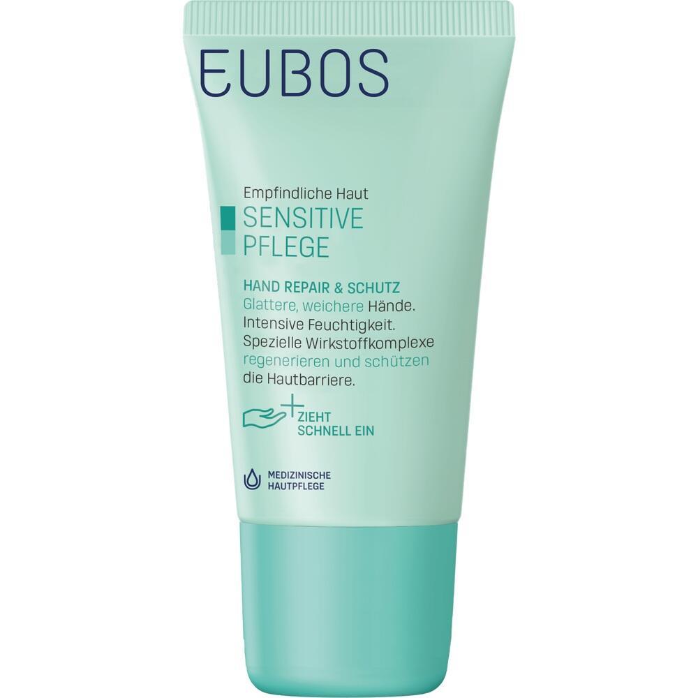 Eine blaue Tube Handcreme f&uuml;r empfindliche Haut zur Pflege und Schutz.
