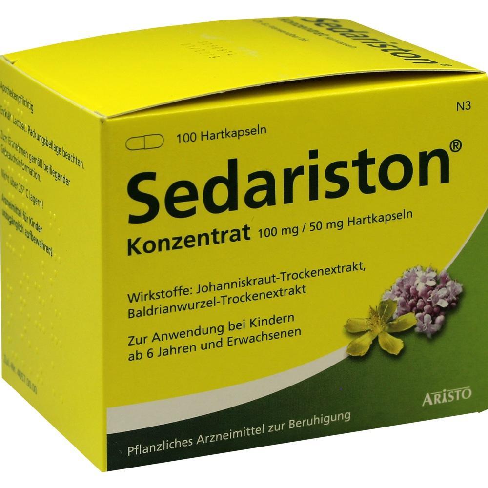 Gelbe Packung mit Sedariston-Kapseln zur Beruhigung mit Johanniskraut und Baldrian.