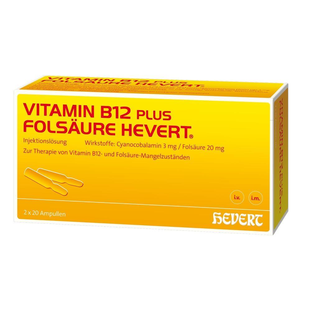 Gelbe Schachtel mit Vitamin B12 und Fols&auml;ure Injektionsl&ouml;sung von Hevert.