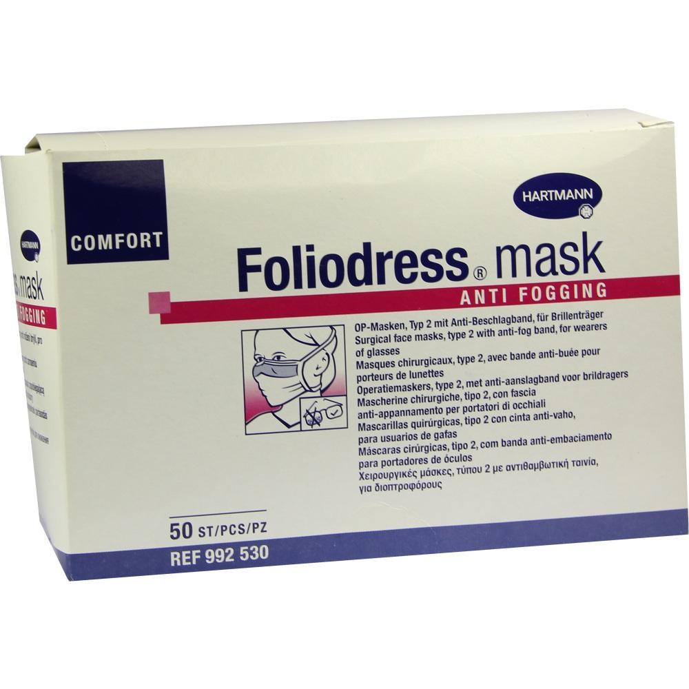 Eine Packung mit 50 OP-Masken von Foliodress mit Anti-Beschlag.