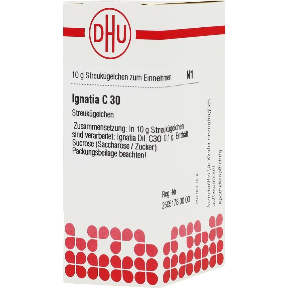 Wei&szlig;e Verpackung von Ignatia C 30 Streuk&uuml;gelchen mit rotem Logo oben.