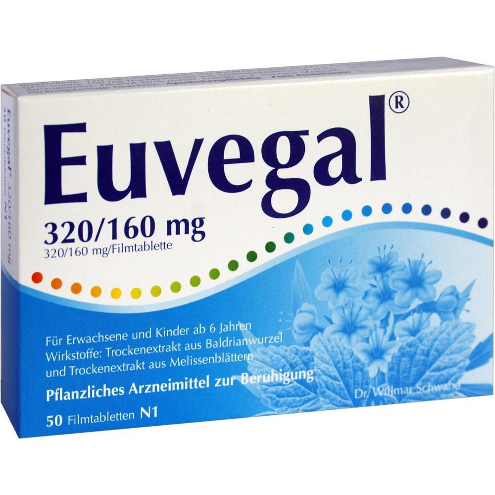 Schachtel eines pflanzlichen Beruhigungsmittels namens Euvegal mit 50 Filmtabletten.