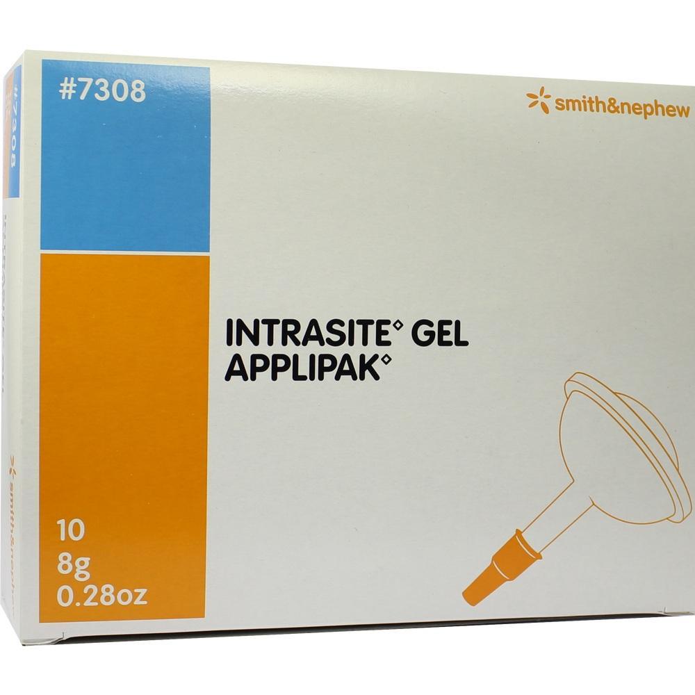 Eine Verpackung von Intrasite Gel mit orangen und blauen Akzenten.