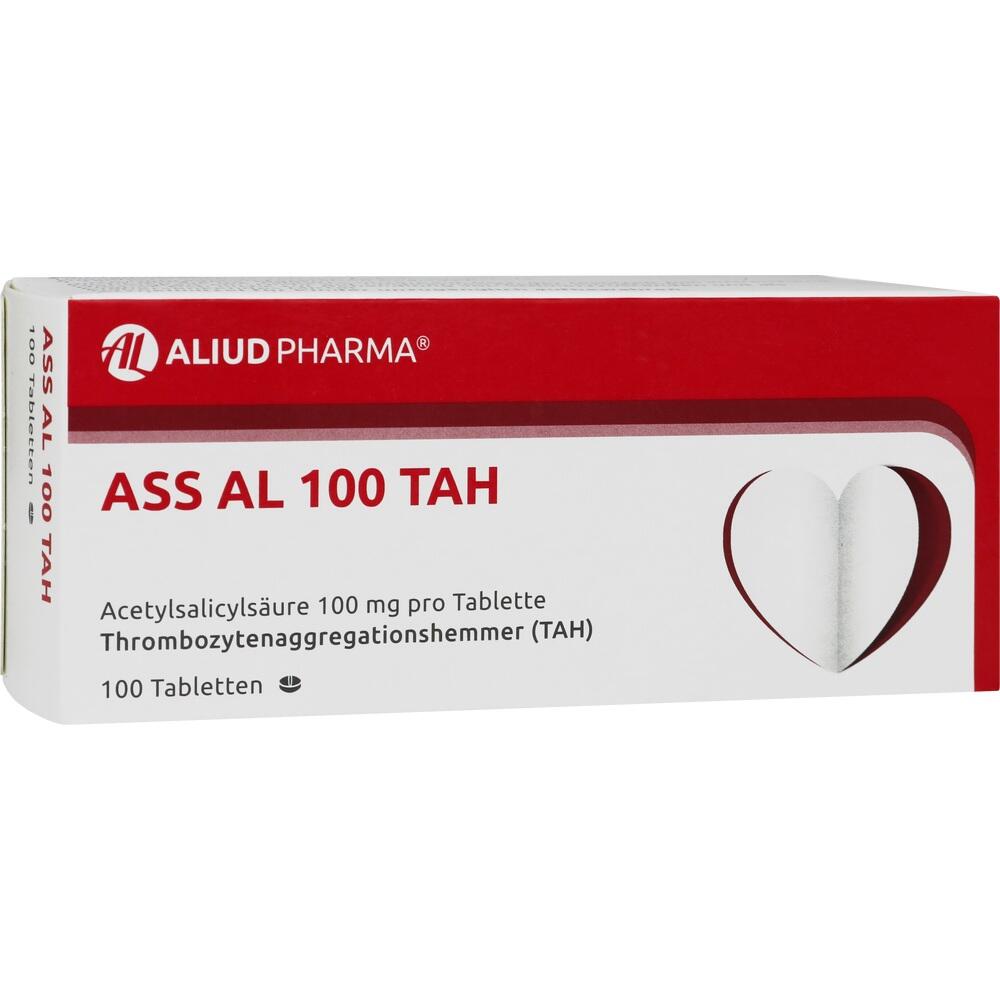 Eine Medikamentenpackung mit der Aufschrift "ASS AL 100 TAH" und einem Herzsymbol.