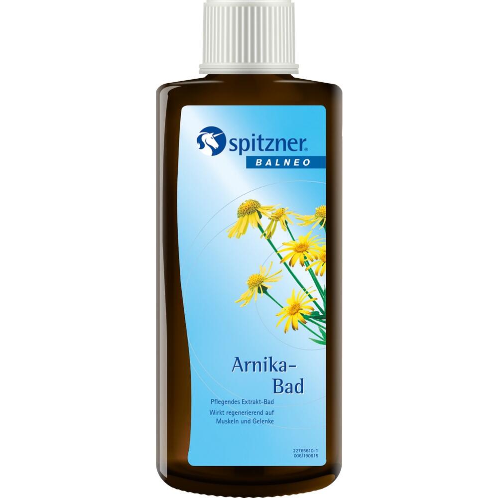 Braune Flasche mit Arnika-Bad von Spitzner, blauer Aufkleber mit gelben Blumen.