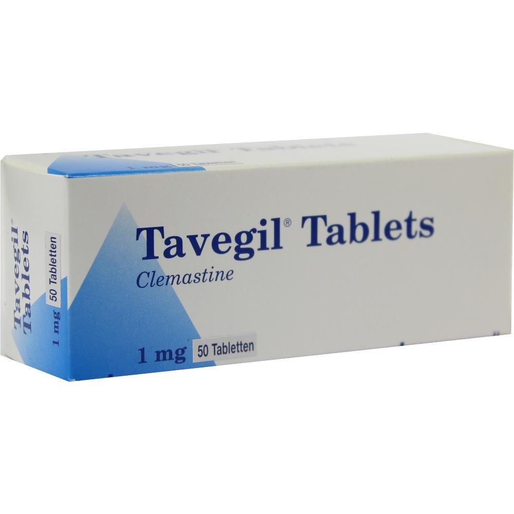 Eine Packung Tavegil-Tabletten mit 50 Tabletten &agrave; 1 mg Clemastin.