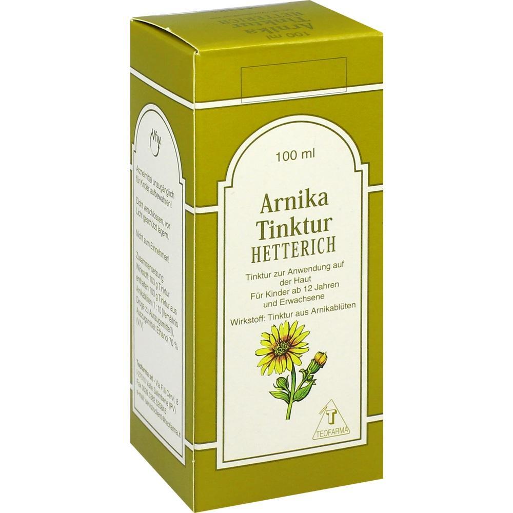 Gelbe Verpackung mit der Aufschrift "Arnika Tinktur Hetterich" und einer Zeichnung einer Blume.