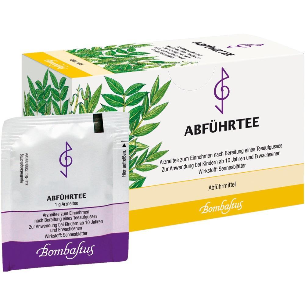 Abführtee-Packung mit Teebeutel und Pflanzenmotiv auf der Verpackung.