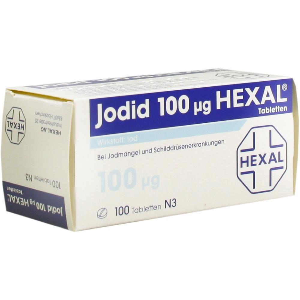 Es ist eine Schachtel Jodid-Tabletten von Hexal mit 100 Mikrogramm Dosierung.