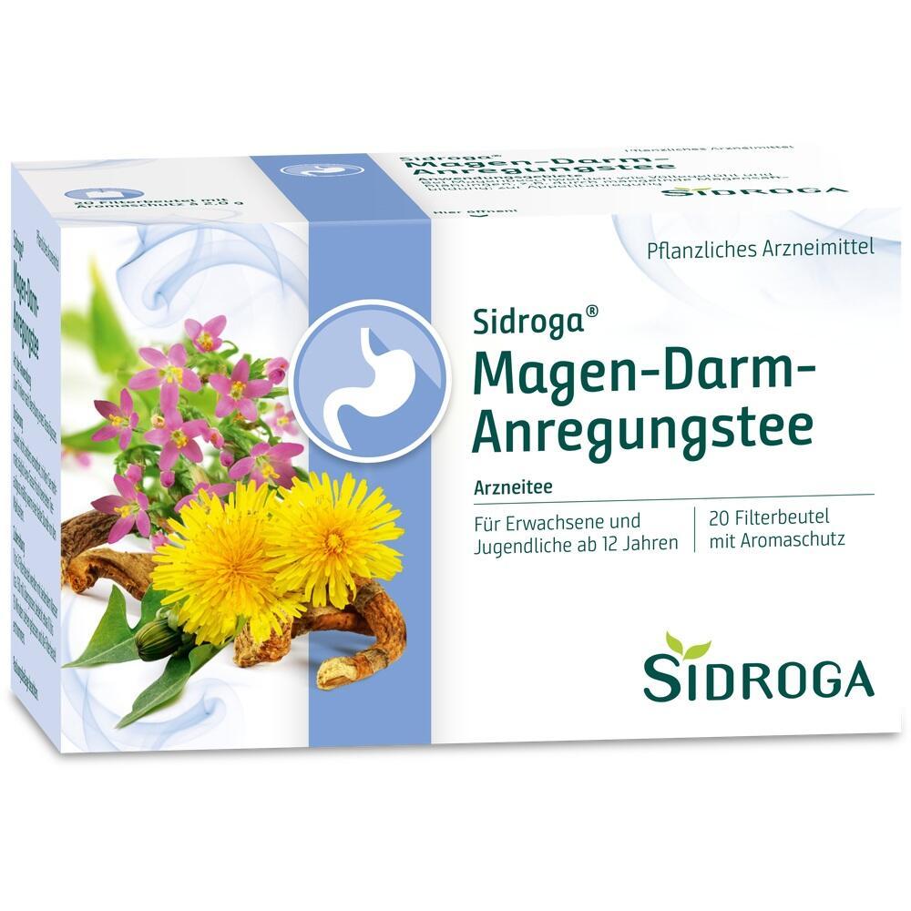 Verpackung von Sidroga Magen-Darm-Anregungstee mit Blumenabbildung.