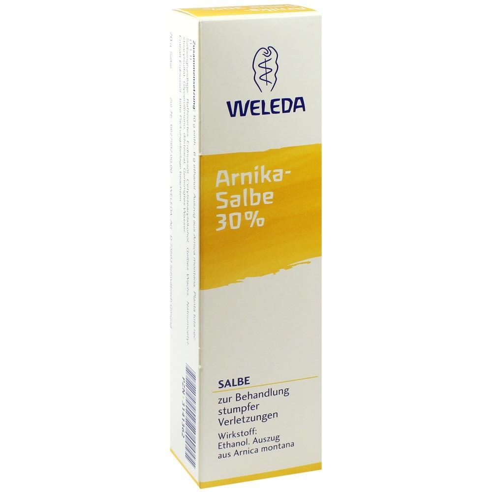 Wei&szlig;e Verpackung einer Arnika-Salbe mit gelbem Detail und blauer Schrift.