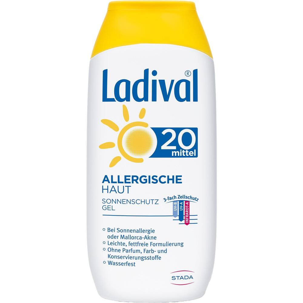 Wei&szlig;e Flasche mit gelbem Deckel und "Ladival Sonnenschutz 20 mittel" f&uuml;r allergische Haut.