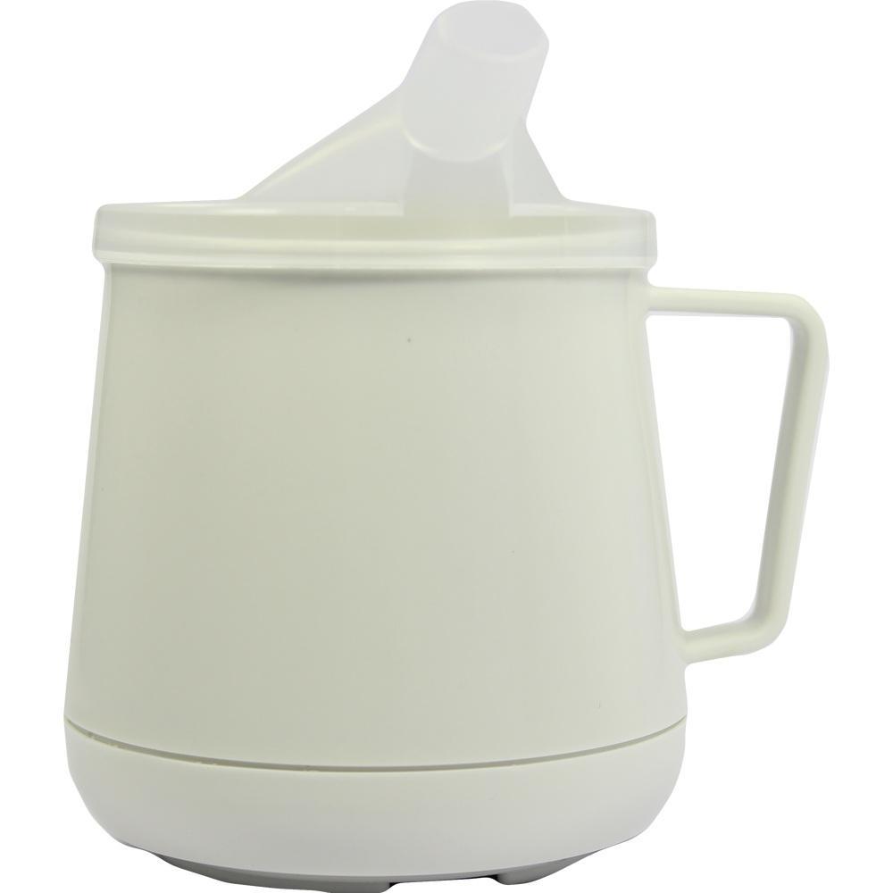 Eine wei&szlig;e Tasse mit Henkel und Schnabeldeckel.