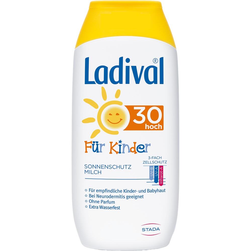 Wei&szlig;e Flasche mit gelbem Deckel, Sonnencreme f&uuml;r Kinder, LSF 30.