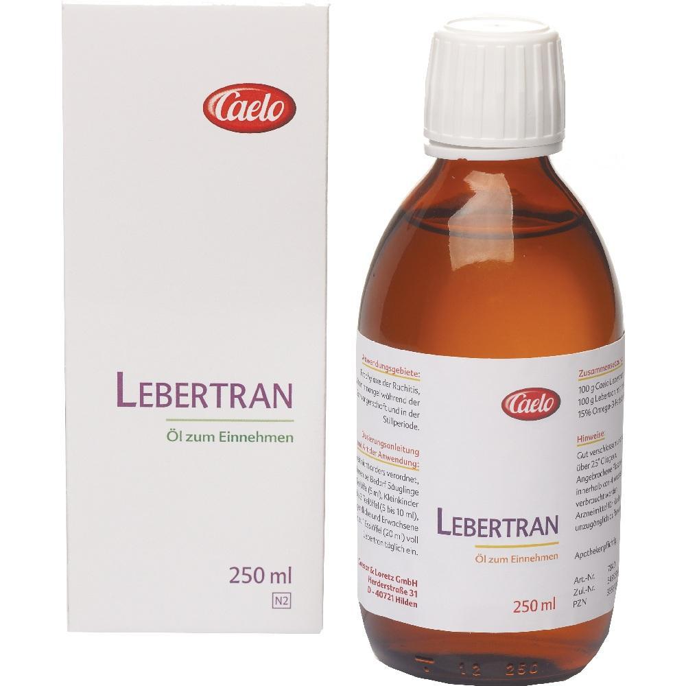Eine braune Flasche Lebertran-&Ouml;l steht neben einer wei&szlig;en Verpackung.