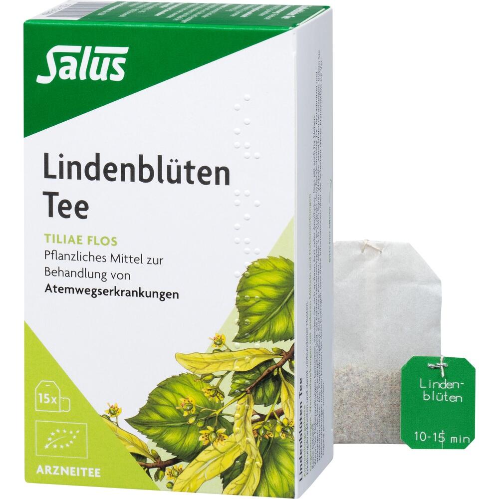 Eine Packung Lindenbl&uuml;tentee mit einem Teebeutel im Vordergrund.