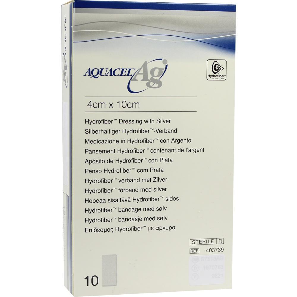 Verpackung von Aquacel AG silberhaltigem Hydrofiber-Verband, Gr&ouml;&szlig;e 4x10cm.