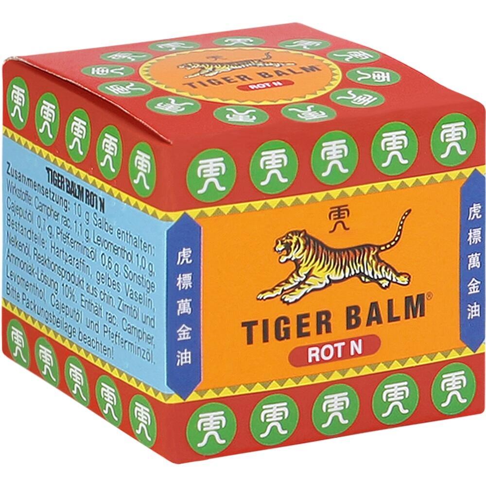 Eine rote Tiger Balm Schachtel mit einem Tiger darauf.