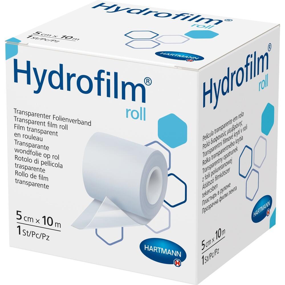 Eine wei&szlig;e Schachtel mit einer Rolle transparentem Filmverband von Hartmann.