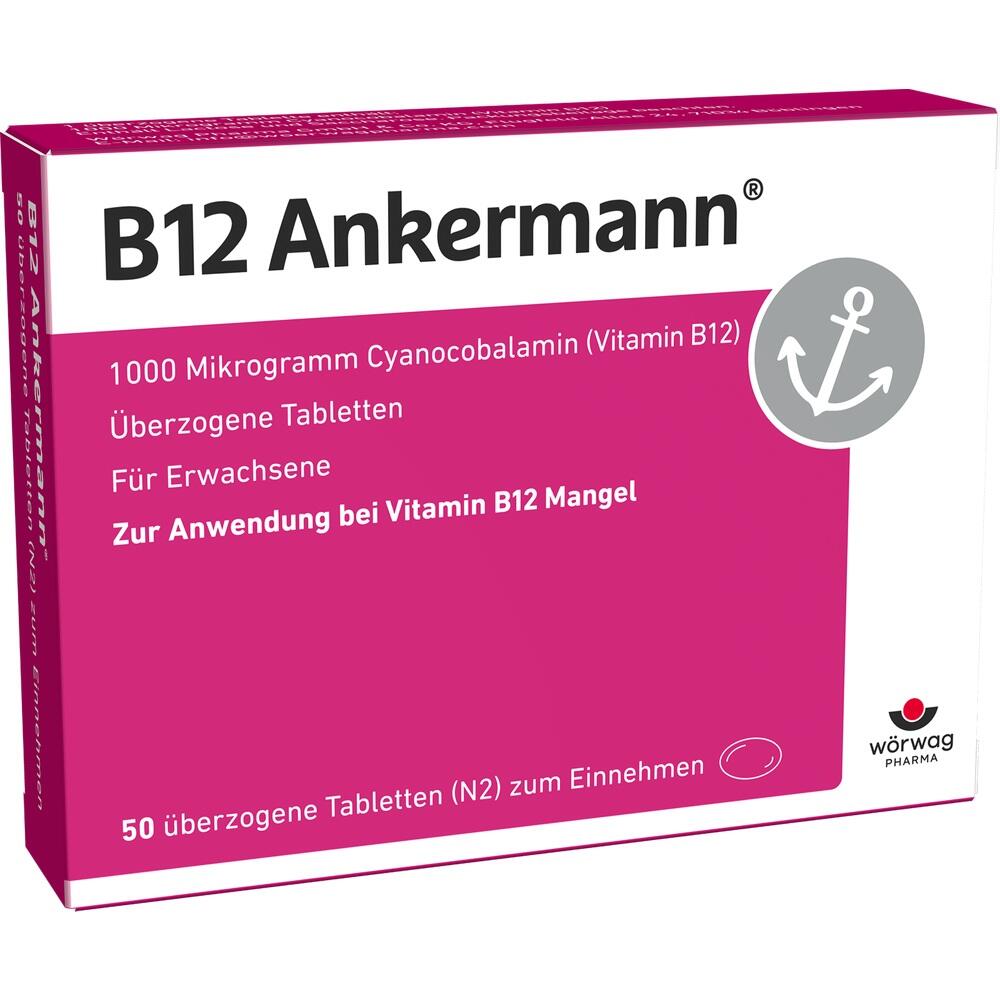 Eine Packung B12 Tabletten f&uuml;r Erwachsene gegen Vitamin B12 Mangel.