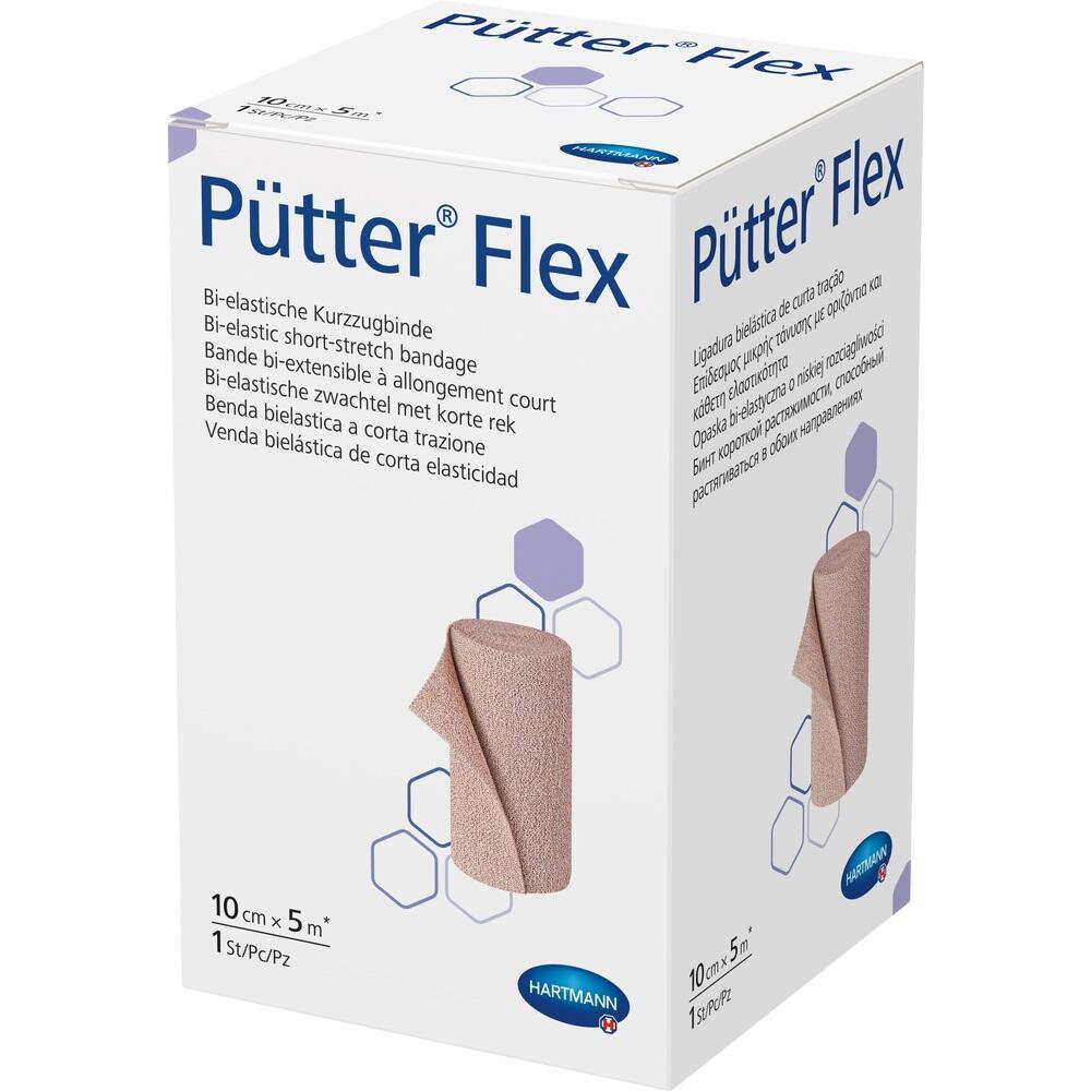 Eine wei&szlig;e Box mit einer elastischen Bandage namens "P&uuml;tter Flex" darauf.