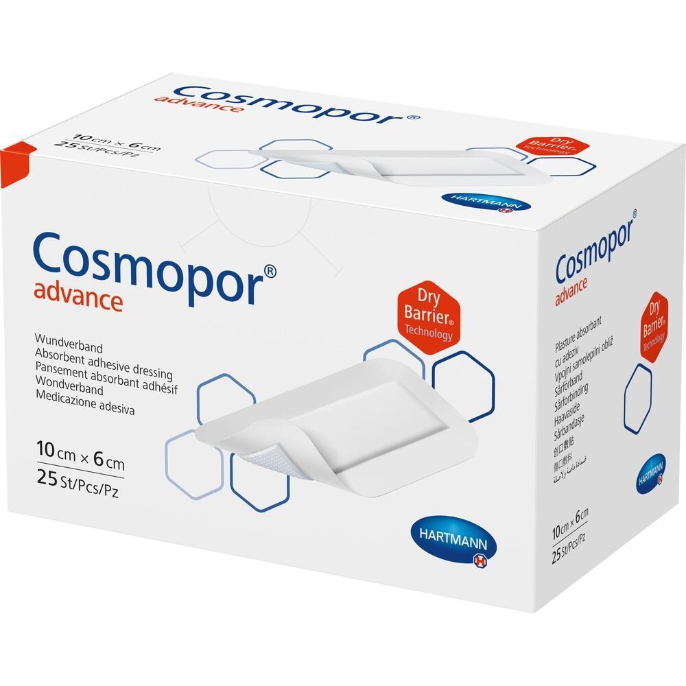 Die Verpackung zeigt einen Wundverband von Cosmopor mit der Gr&ouml;&szlig;e 10x6 cm.