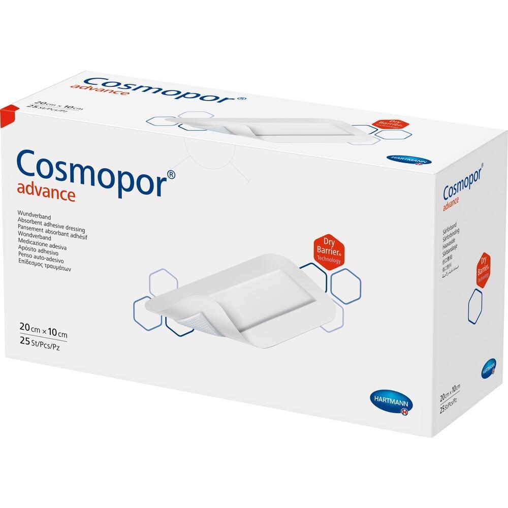 Wei&szlig;e Verpackung mit der Aufschrift "Cosmopor advance" und Abbildung eines Verbands.